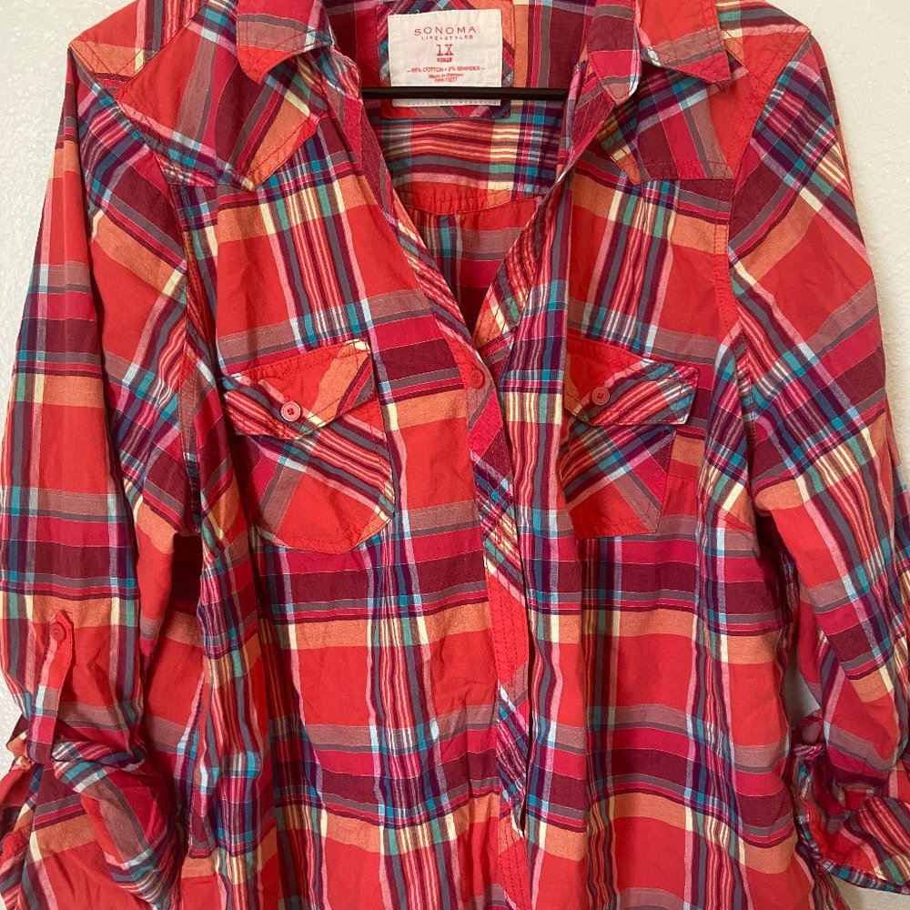 Red and Multicolored Plaid Long Sleeve Top